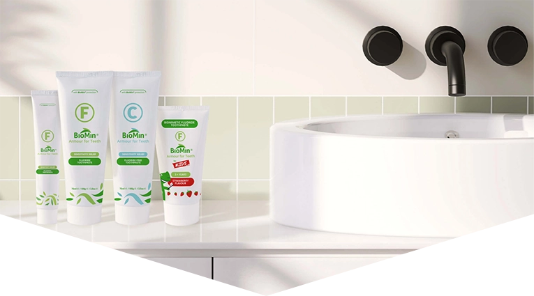 BioMin products lined up on a bathroom worktop.